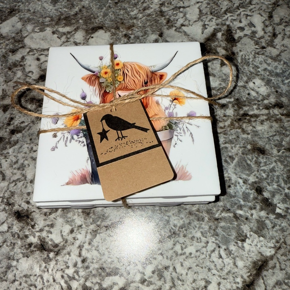 Floral Highland Cow Coasters